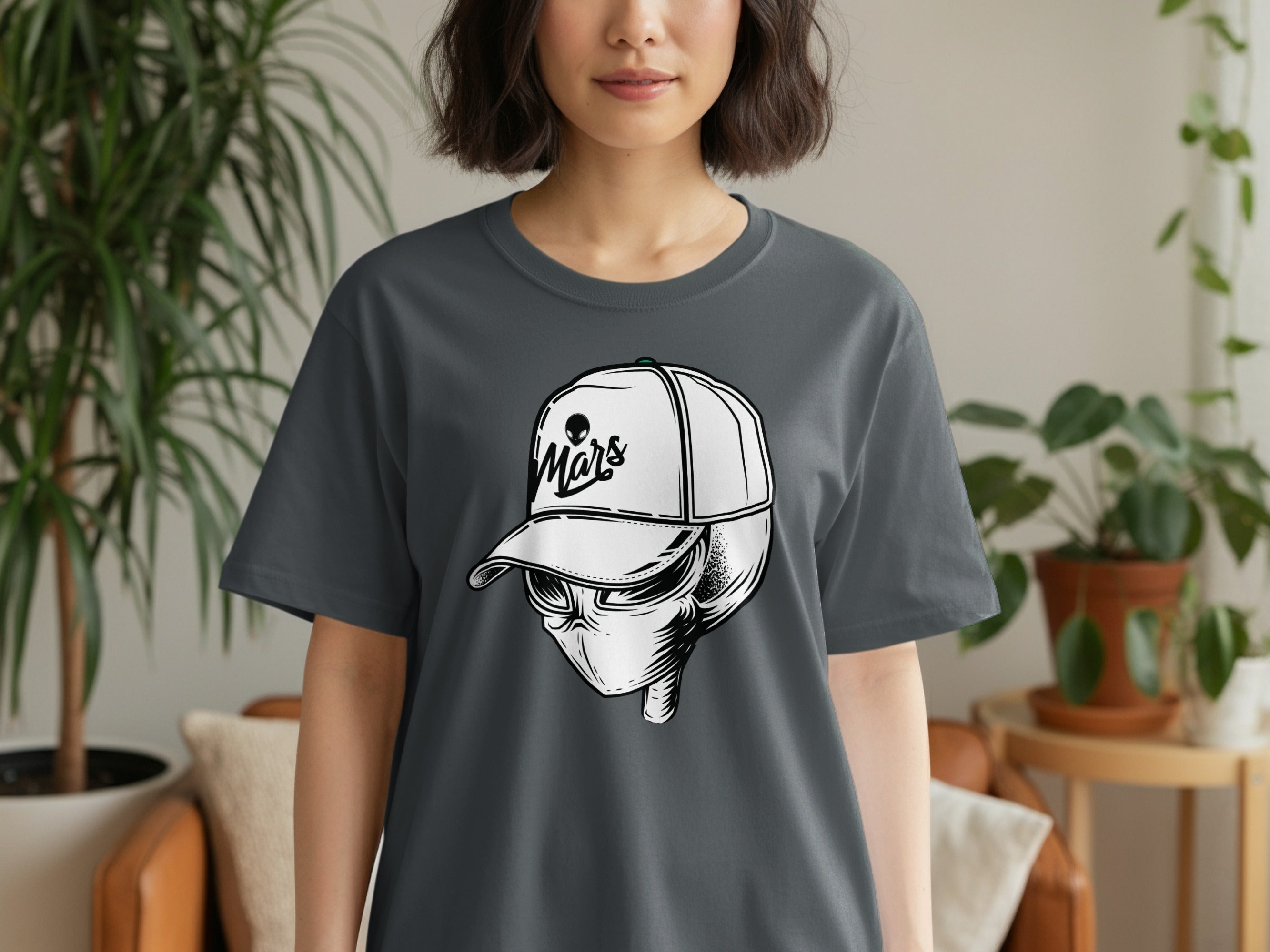 T-shirt with alien wearing a backwards cap that says "Mars".
