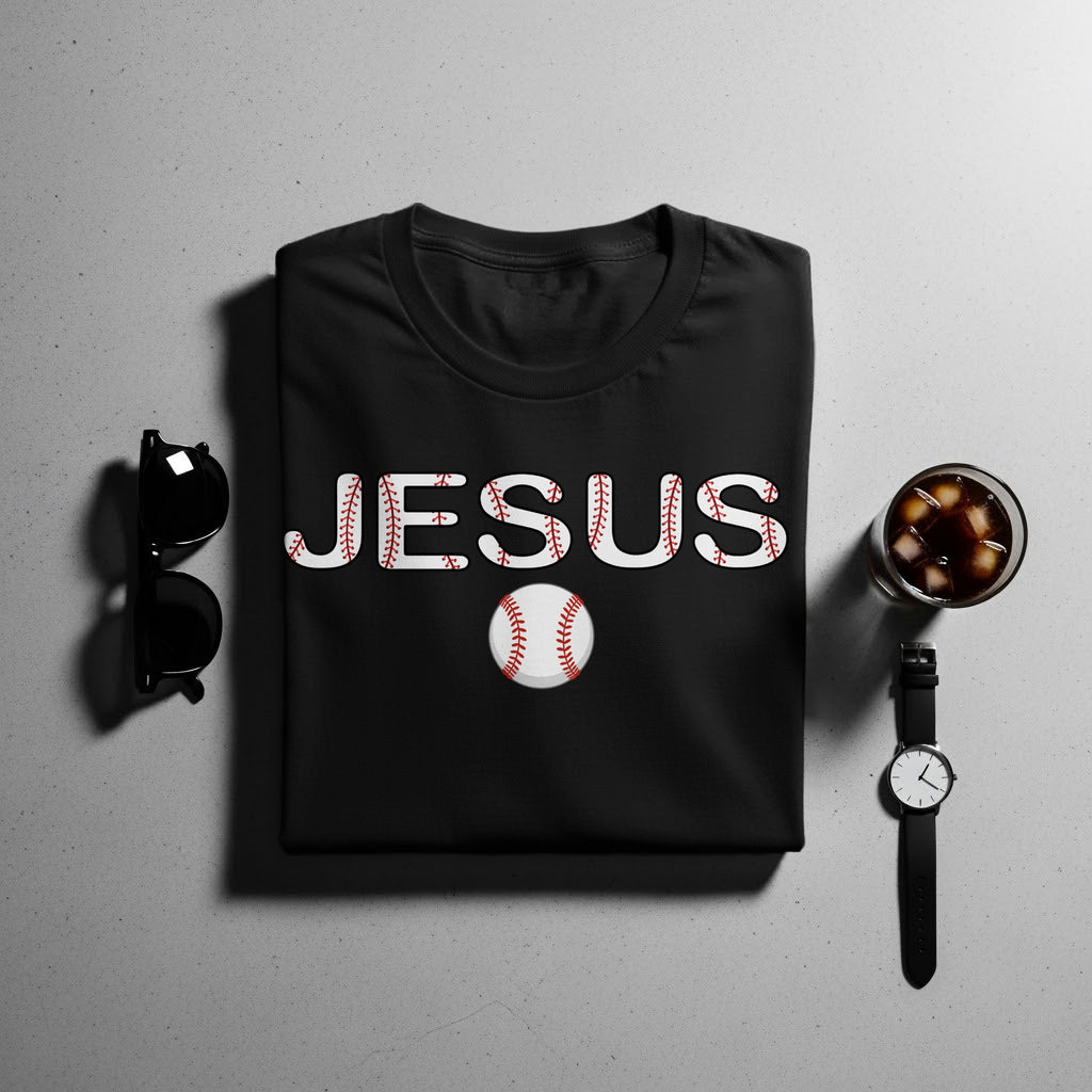 Black t-shirt with white "JESUS" text and baseball graphic.