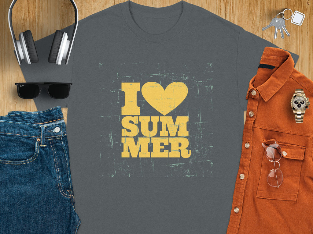 Gray t-shirt with yellow "I heart SUM MER" graphic, laid flat with accessories.