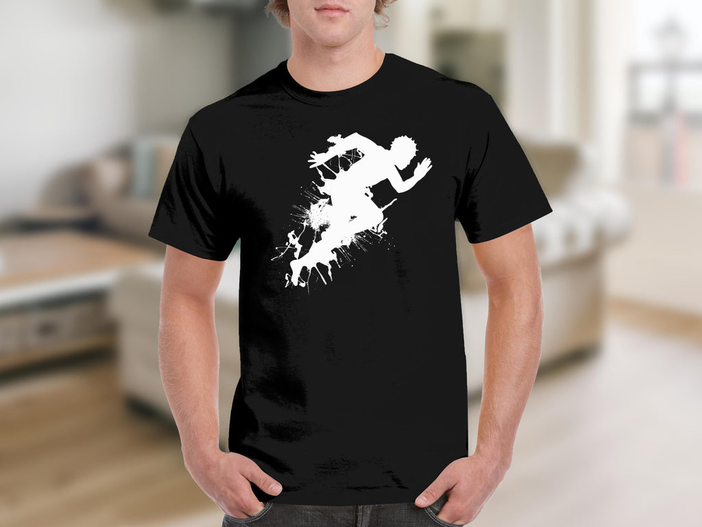 Black t-shirt with a white silhouette of a runner amidst a splash design.