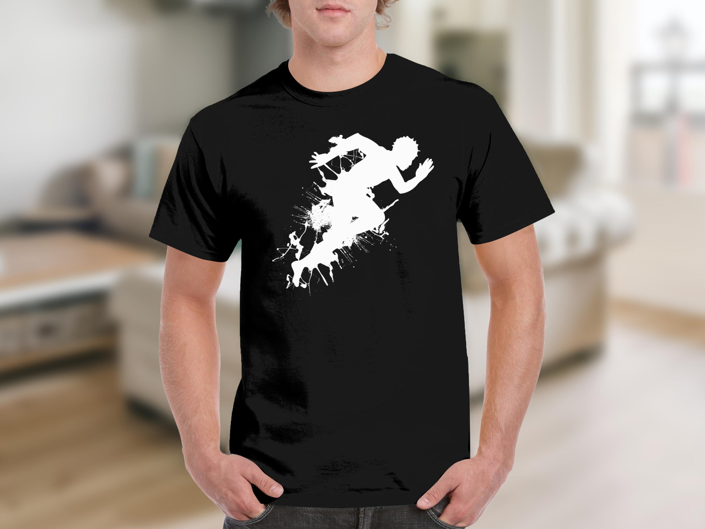 Black t-shirt with a white silhouette of a runner amidst a splash design.